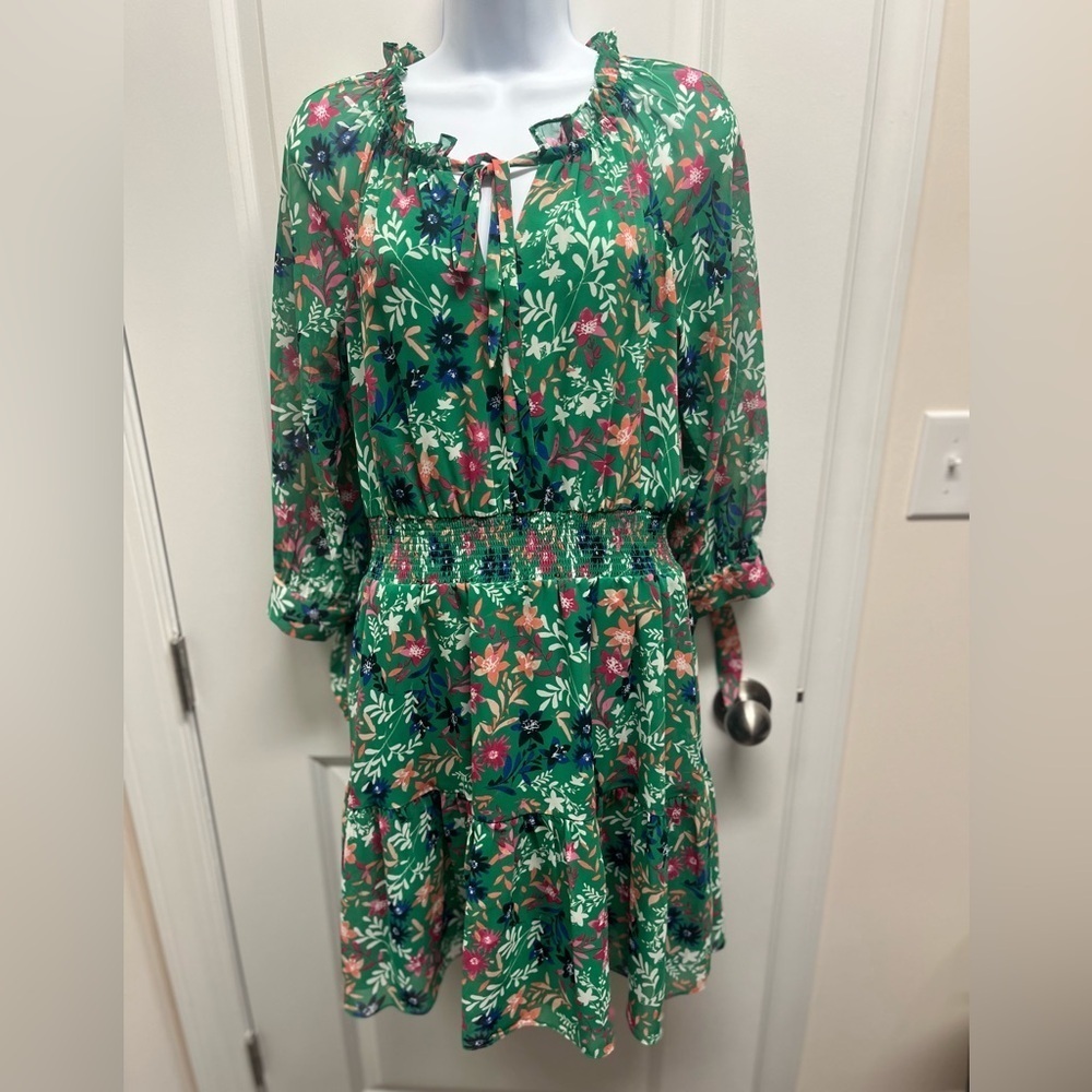 Eliza J floral smock waist long sleeve dress green ruffle trim split neck size 8